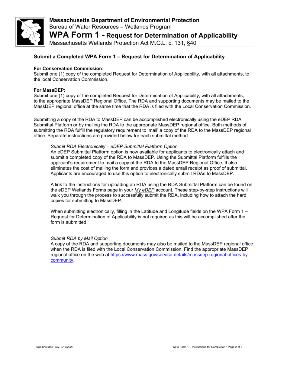 Instructions for WPA Form 1 Request for Determination of Applicability - Massachusetts, Page 2