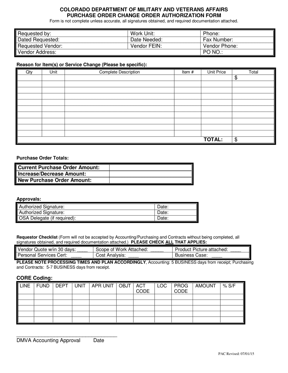 Purchase Order Change Order Authorization Form - Colorado, Page 1