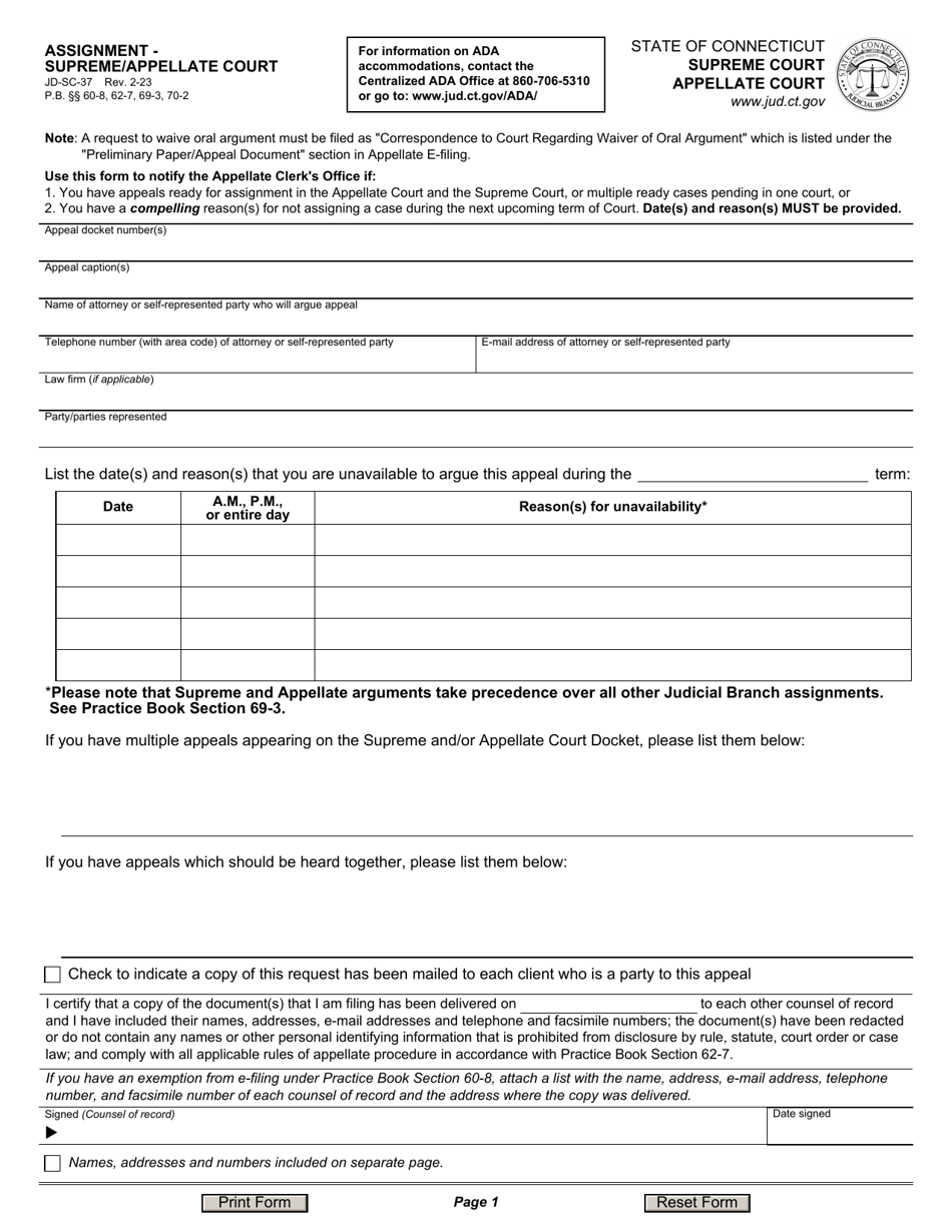 Form JD-SC-37 Assignment - Supreme / Appellate Court - Connecticut, Page 1