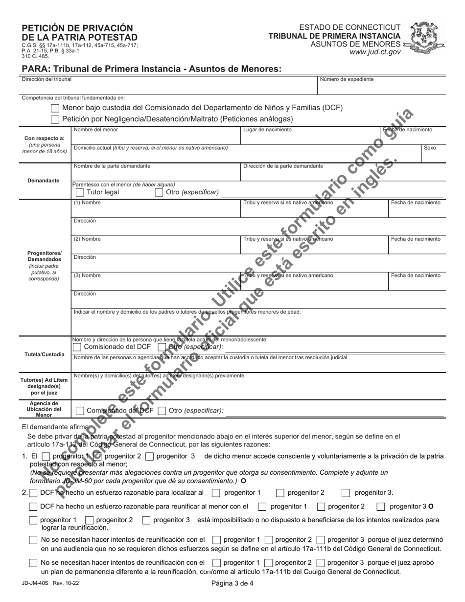 Formulario JD-JM-40S Citacion / Orden De Audiencia Y Notificacion - Privacion De La Patria Potestad - Connecticut (Spanish), Page 3