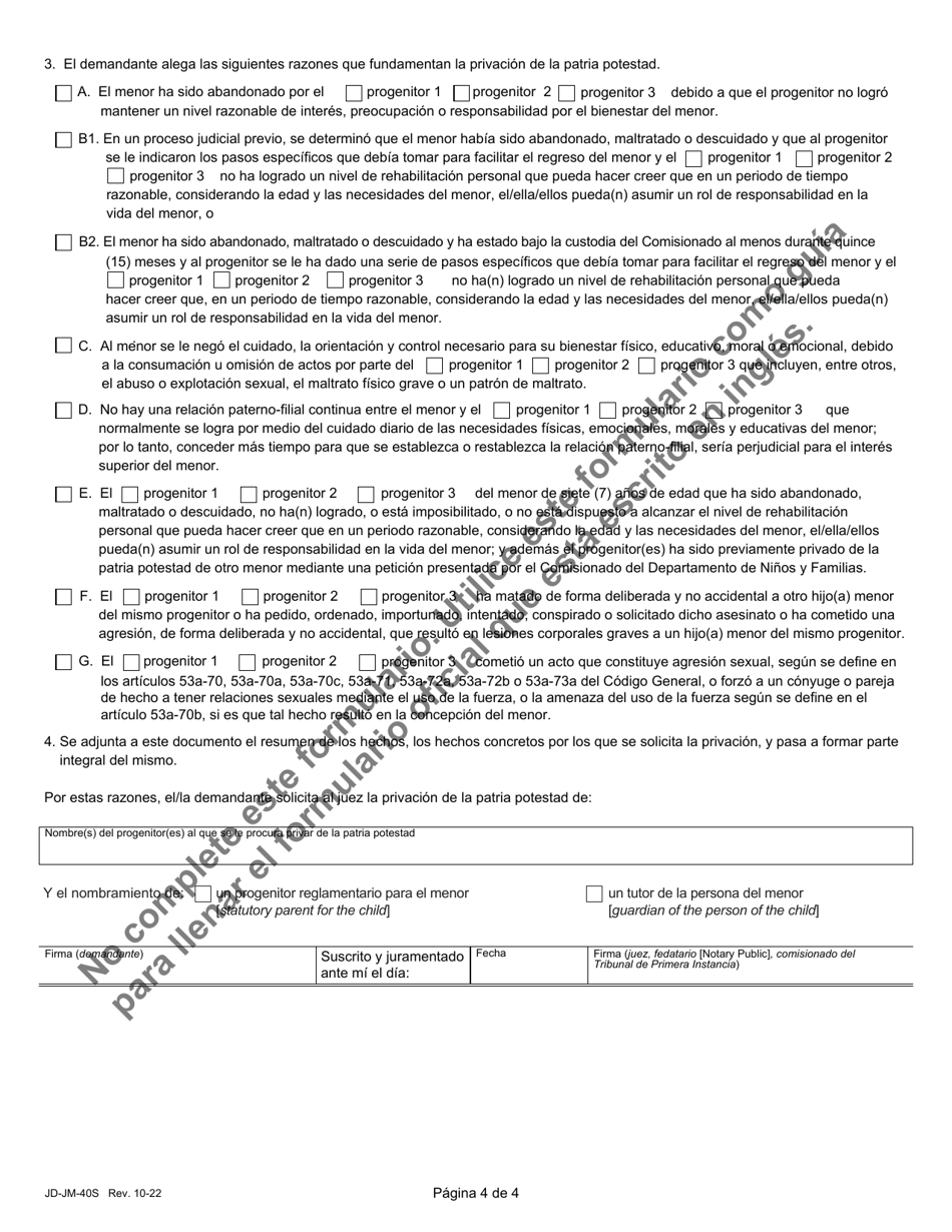 Formulario JD-JM-40S Citacion / Orden De Audiencia Y Notificacion - Privacion De La Patria Potestad - Connecticut (Spanish), Page 4