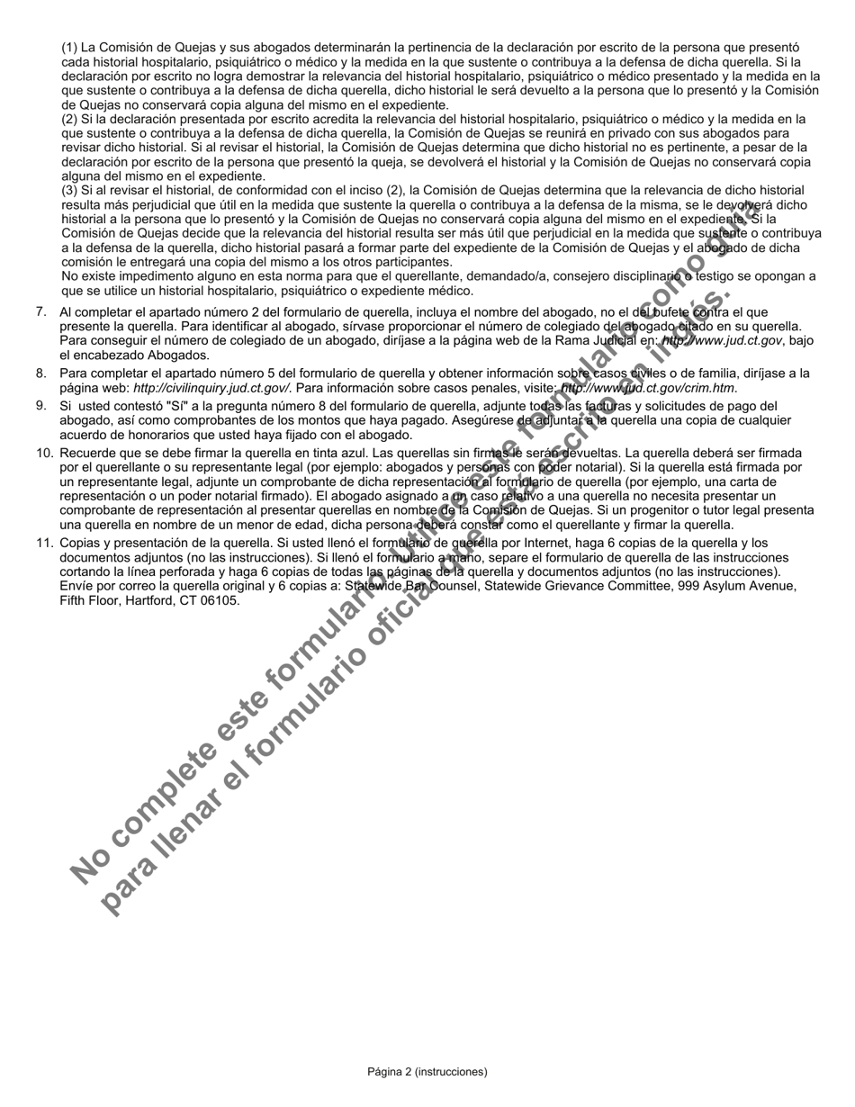 Formulario JD-GC-6S Querella Contra Abogado (Querella Por Agravio) - Connecticut (Spanish), Page 2