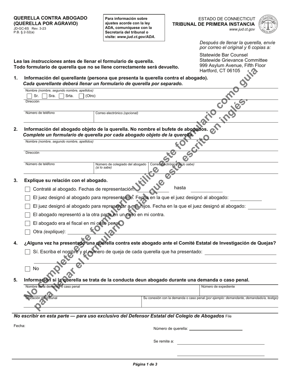 Formulario JD-GC-6S Querella Contra Abogado (Querella Por Agravio) - Connecticut (Spanish), Page 3
