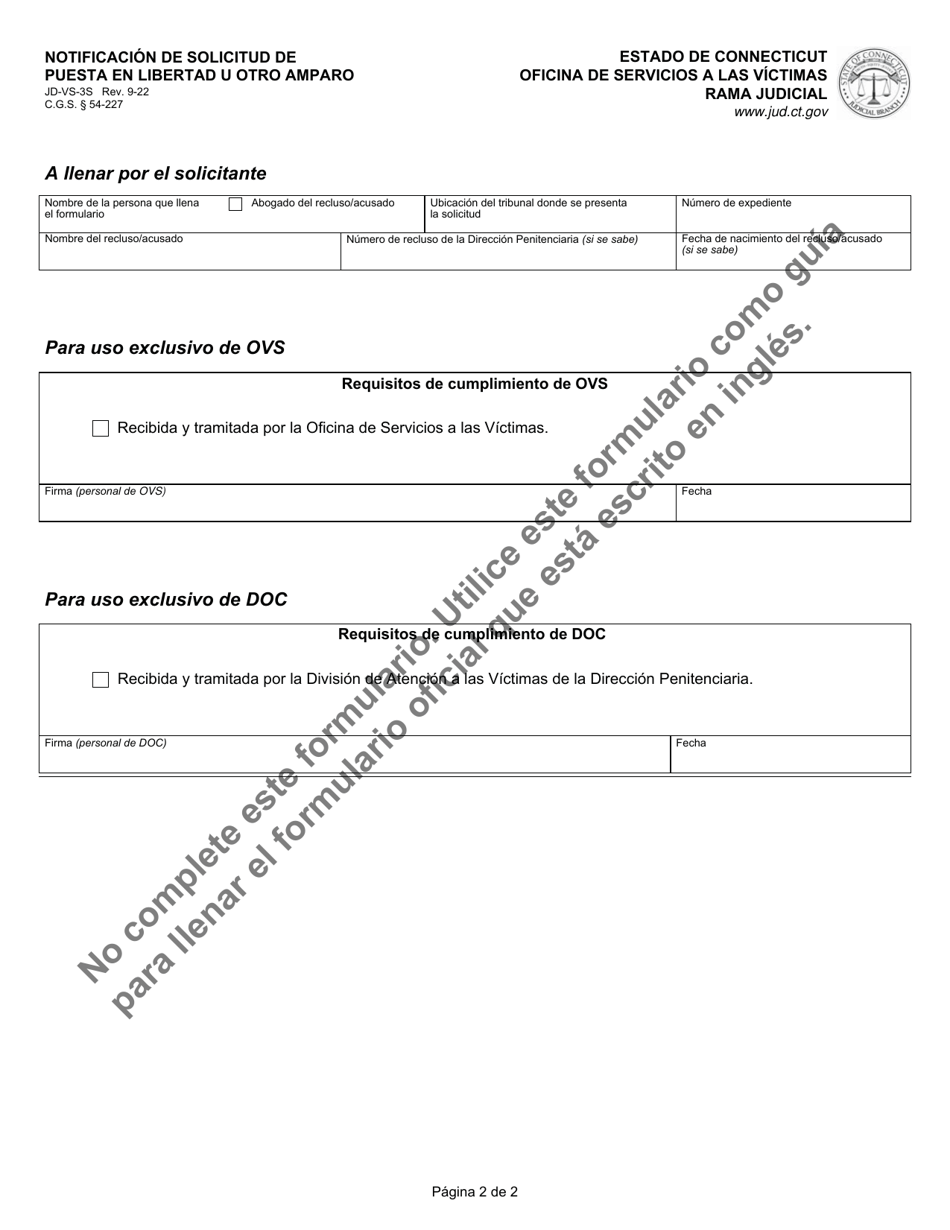 Formulario JD-VS-3S Notificacion De Solicitud De Puesta En Libertad U Otro Amparo - Connecticut (Spanish), Page 2