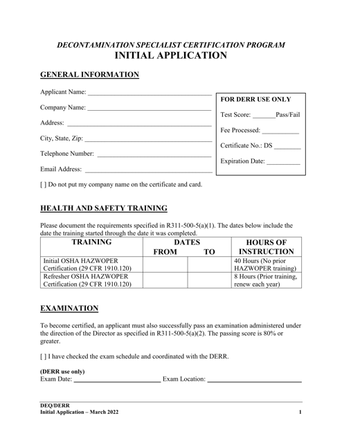 Decontamination Specialist Certification Program Initial Application - Utah Download Pdf