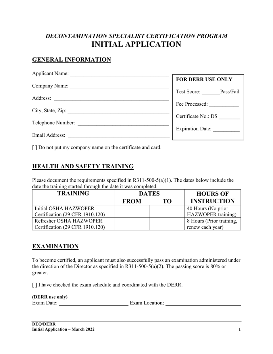 Decontamination Specialist Certification Program Initial Application - Utah, Page 1