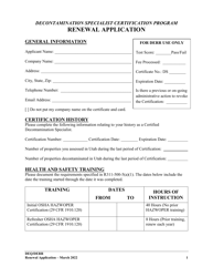 Document preview: Decontamination Specialist Certification Program Renewal Application - Utah
