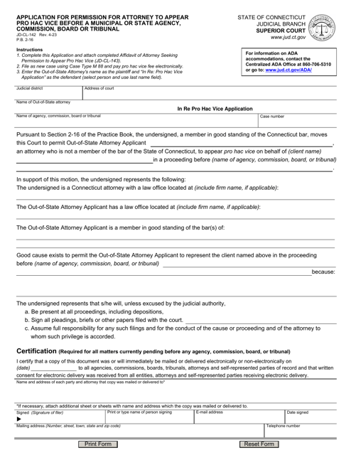 Form JD-CL-142 Application for Permission for Attorney to Appear Pro Hac Vice Before a Municipal or State Agency, Commission, Board or Tribunal - Connecticut