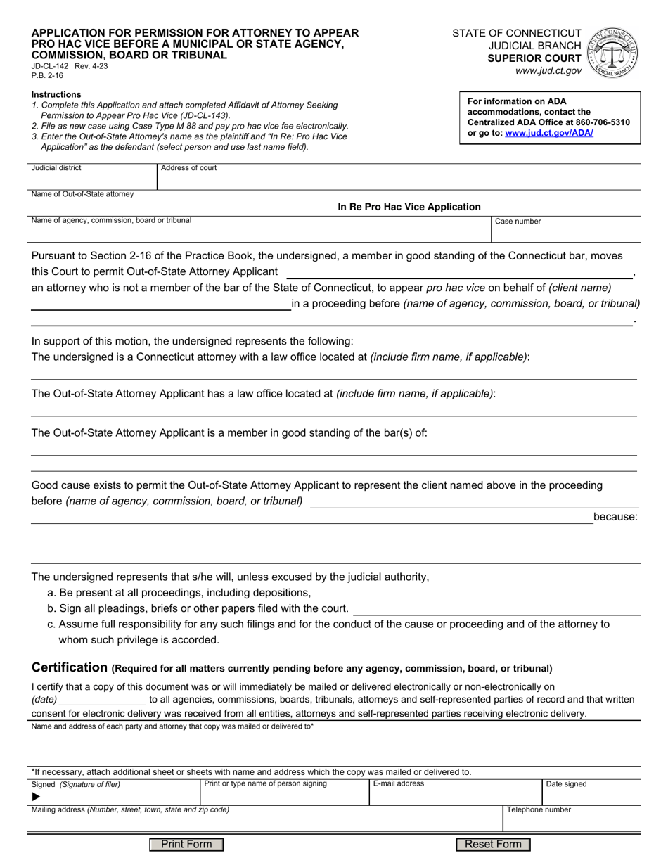 Form JD-CL-142 Application for Permission for Attorney to Appear Pro Hac Vice Before a Municipal or State Agency, Commission, Board or Tribunal - Connecticut, Page 1