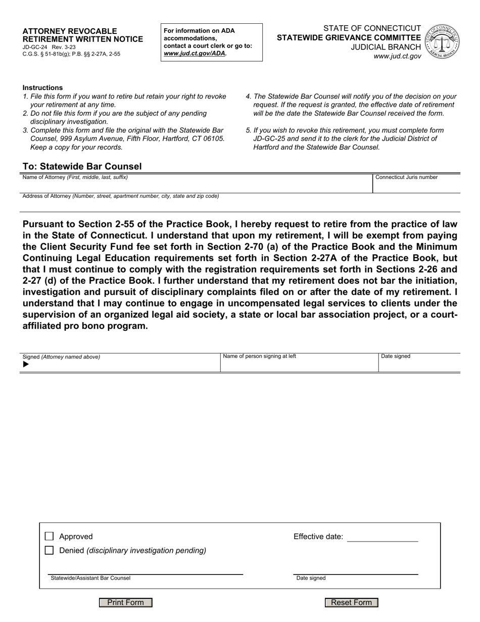 Form JD-GC-24 Attorney Revocable Retirement Written Notice - Connecticut, Page 1