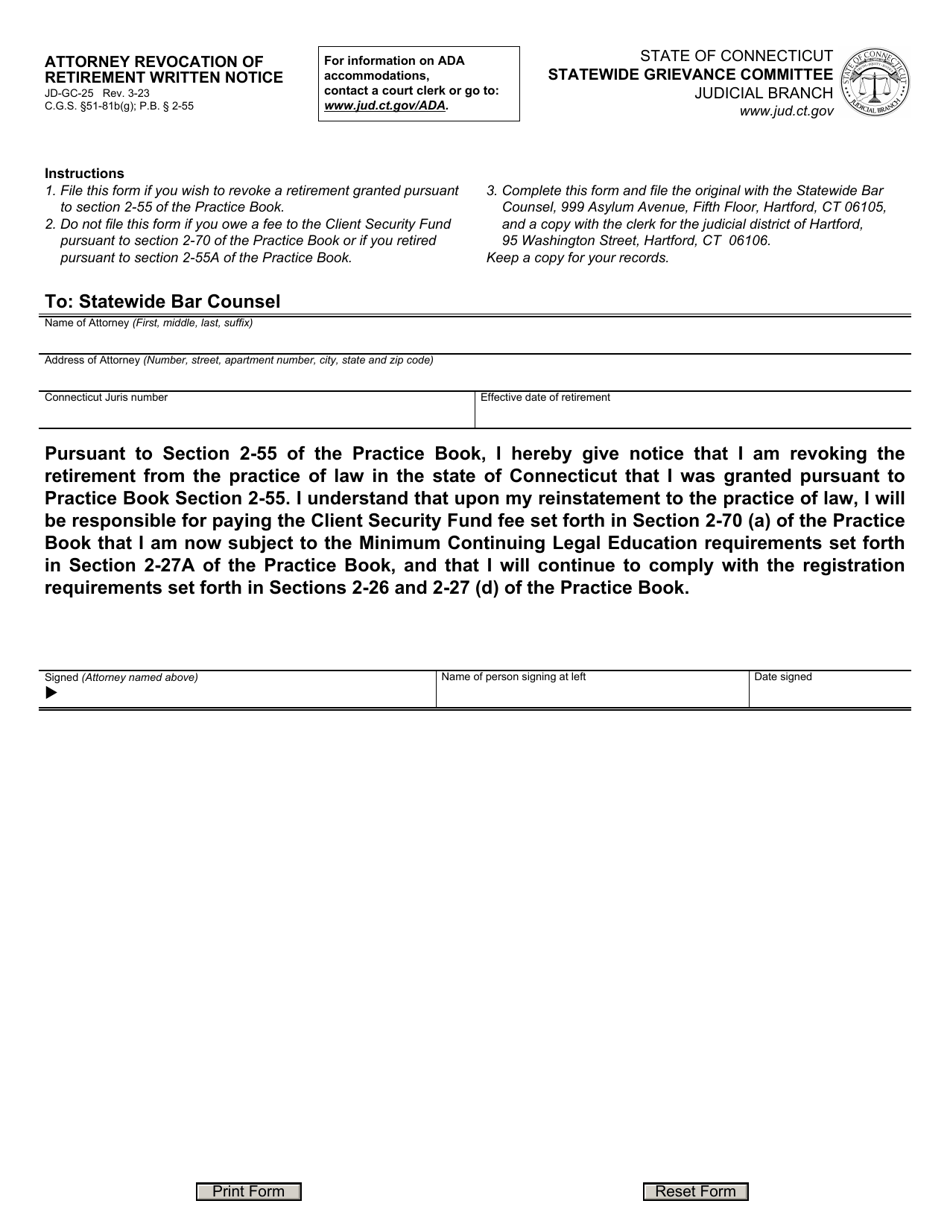 Form JD-GC-25 Attorney Revocation of Retirement Written Notice - Connecticut, Page 1