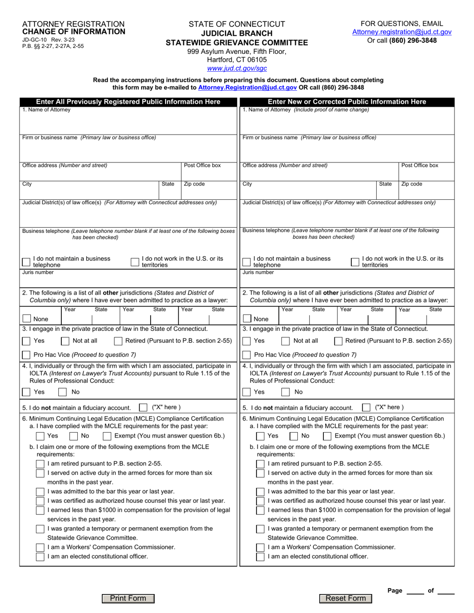 Form JD-GC-10 Attorney Registration Change of Information - Connecticut, Page 1