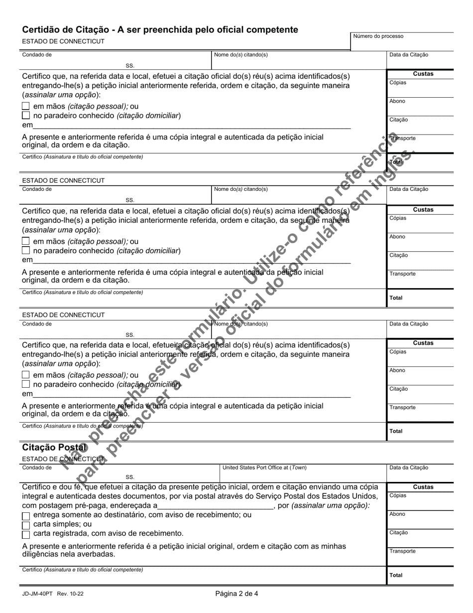 Form JD-JM-40PT Notice / Summons and Order for Hearing - Termination of Parental Rights - Connecticut (Portuguese), Page 2