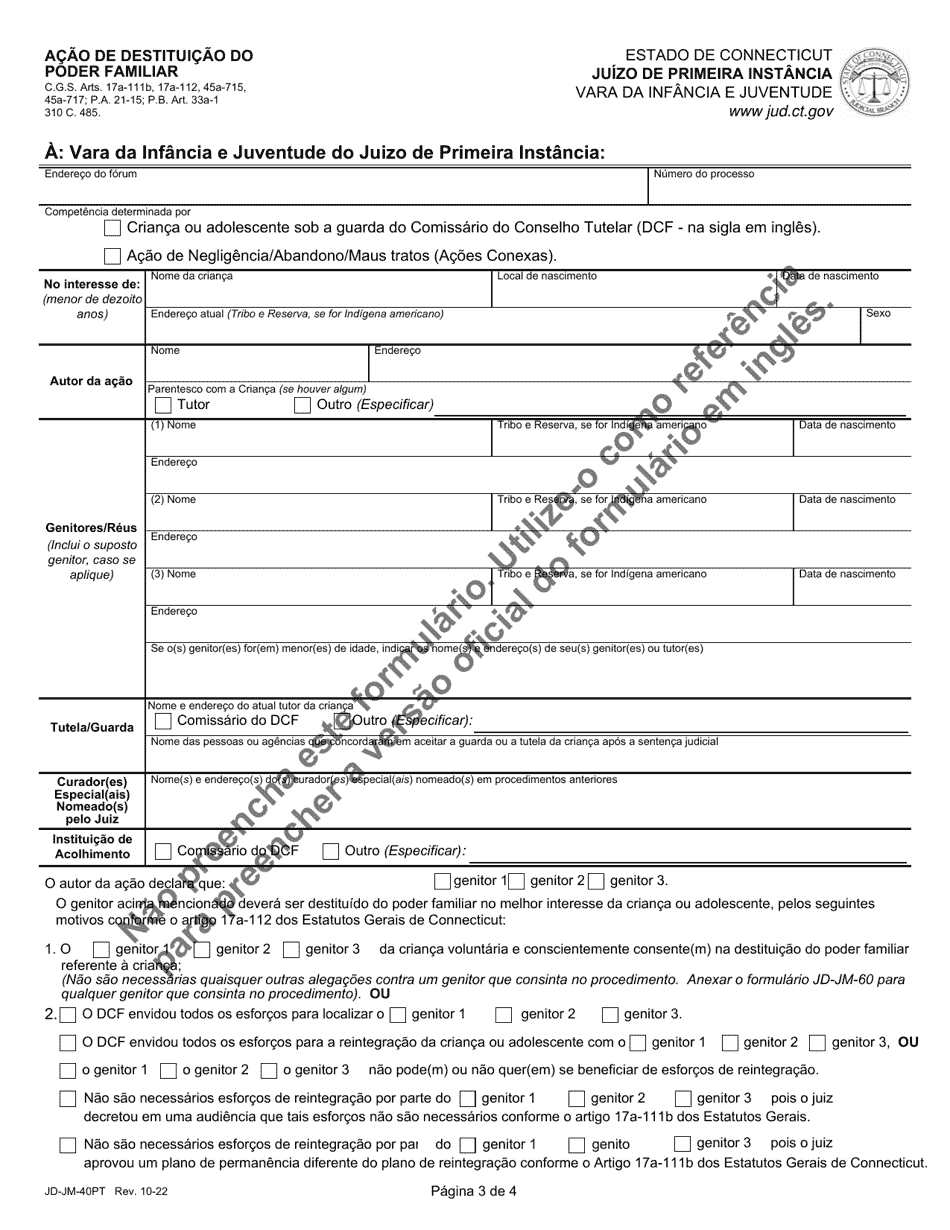 Form JD-JM-40PT Notice / Summons and Order for Hearing - Termination of Parental Rights - Connecticut (Portuguese), Page 3