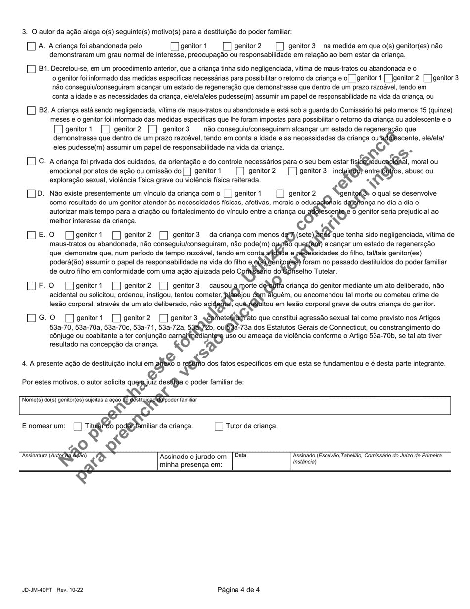 Form JD-JM-40PT Notice / Summons and Order for Hearing - Termination of Parental Rights - Connecticut (Portuguese), Page 4
