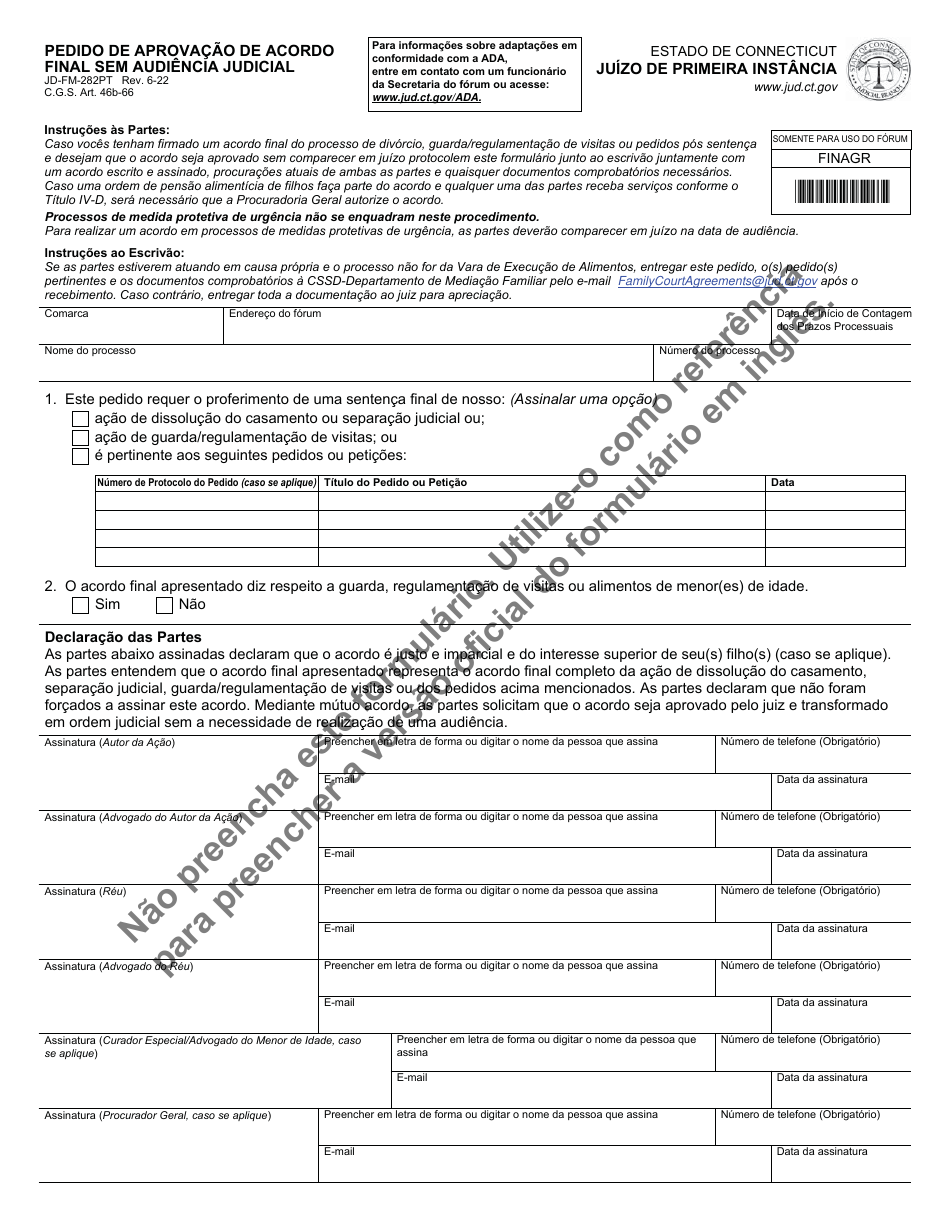 Form JD-FM-282PT Request for Approval of Final Agreement Without Court Appearance - Connecticut (Portuguese), Page 1