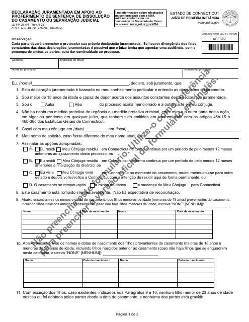 Form JD-FM-281PT Affidavit in Support of Request for Entry of Judgment of Dissolution of Marriage or Legal Separation - Connecticut (Portuguese)
