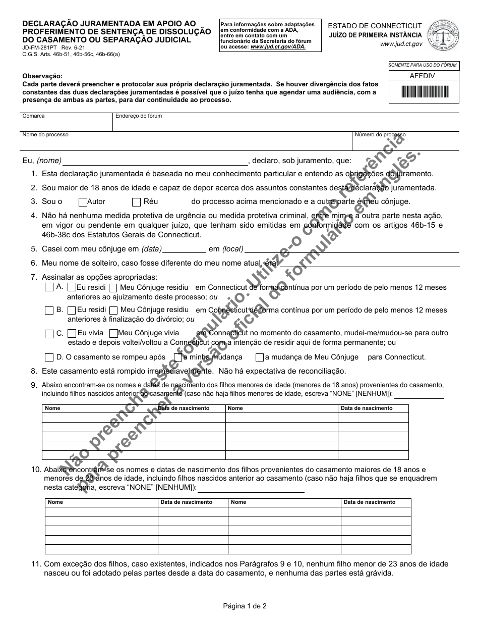 Form JD-FM-281PT Affidavit in Support of Request for Entry of Judgment of Dissolution of Marriage or Legal Separation - Connecticut (Portuguese), Page 1