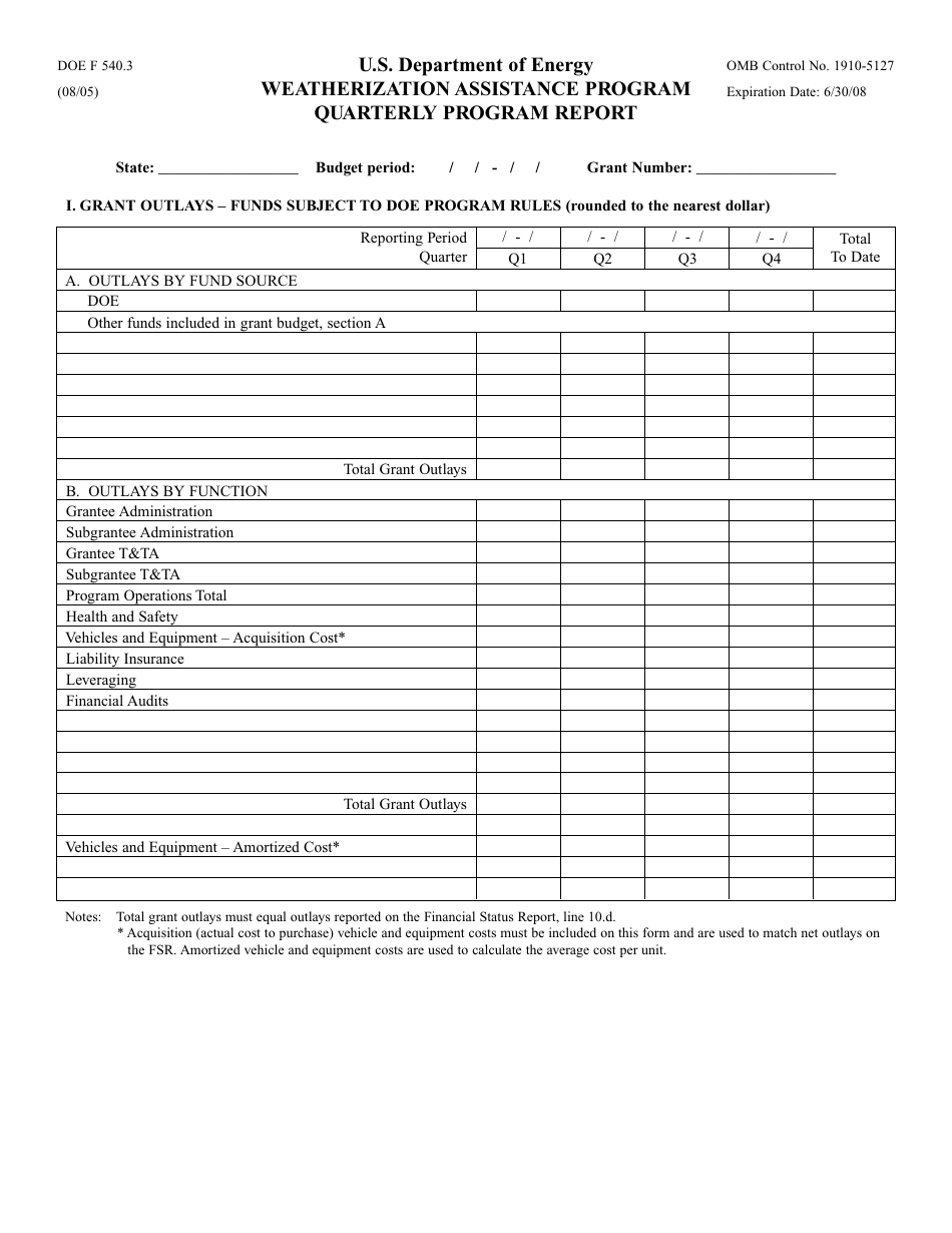 DOE Form 540.3 Quarterly Program Report - Weatherization Assistance Program, Page 1