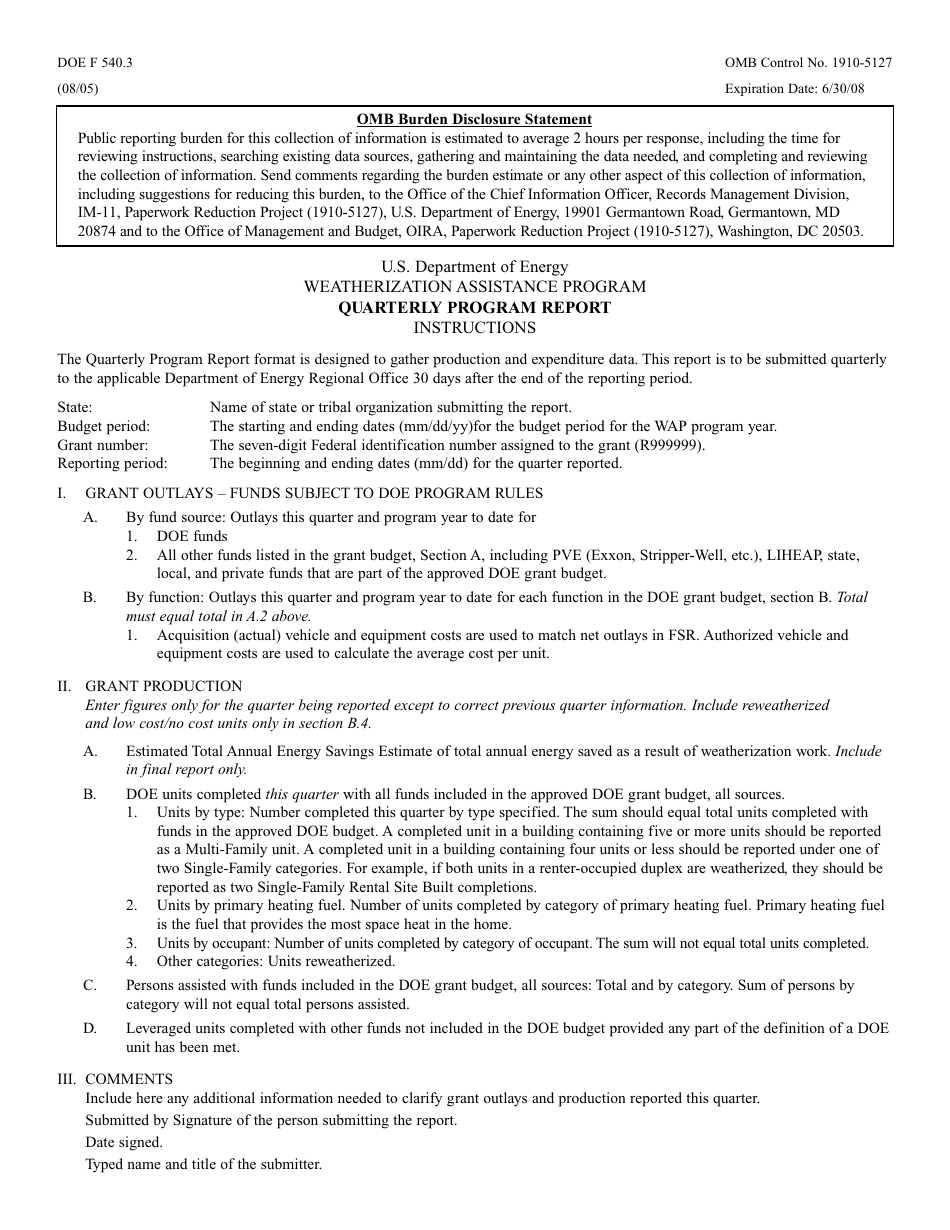 DOE Form 540.3 Quarterly Program Report - Weatherization Assistance Program, Page 4