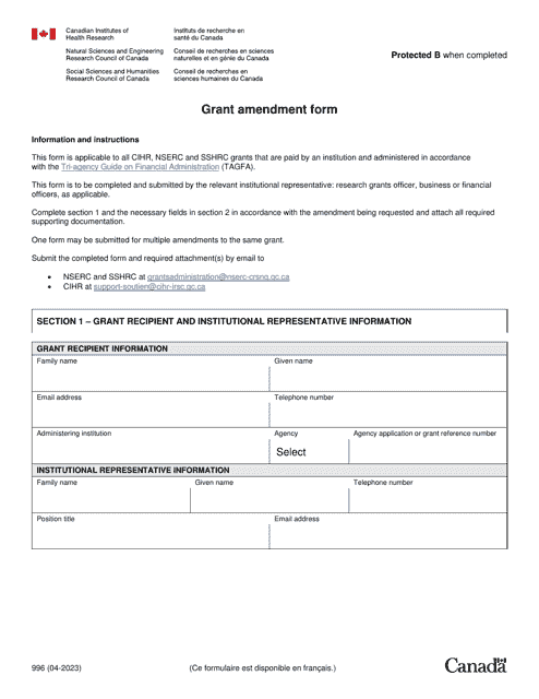 Form 996 Grant Amendment Form - Canada