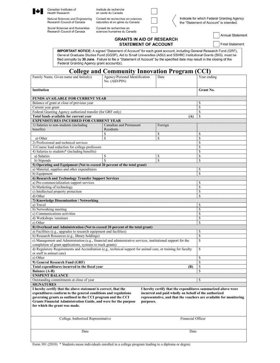Form 301 Grants in Aid of Research Statement of Account - College and Community Innovation Program (Cci) - Canada, Page 1