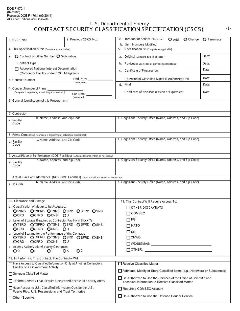 DOE Form 470.1 Contract Security Classification Specification (Cscs), Page 1