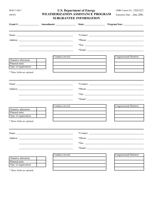 DOE Form 540.5  Printable Pdf