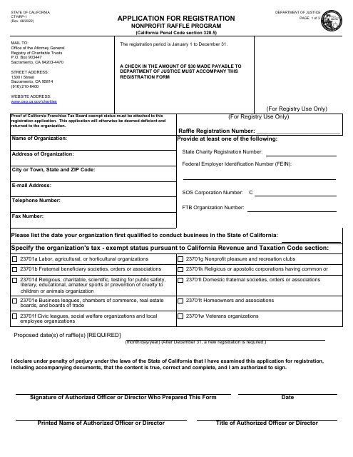 Form CT-NRP-1 Application for Registration - Nonprofit Raffle Program - California