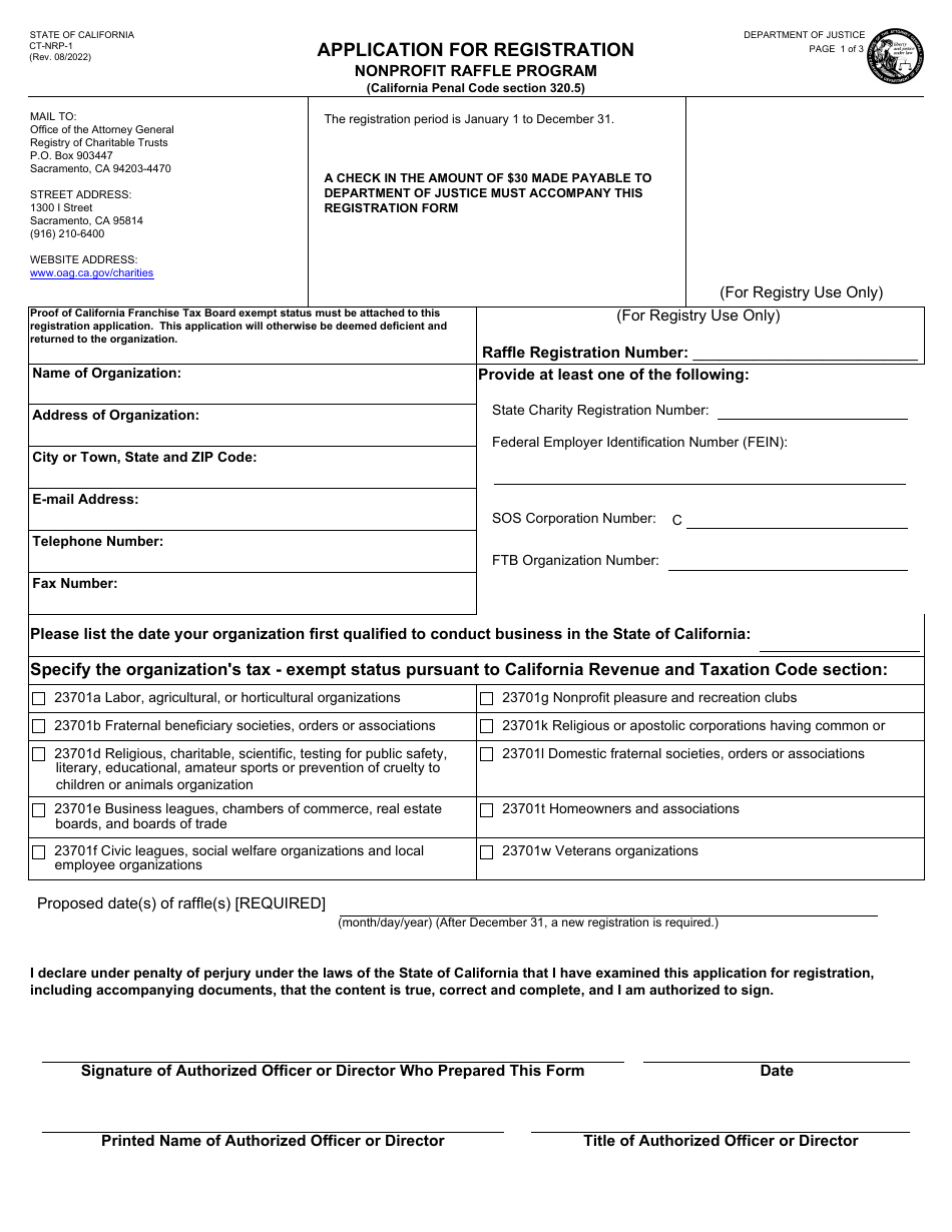 Form CT-NRP-1 Application for Registration - Nonprofit Raffle Program - California, Page 1