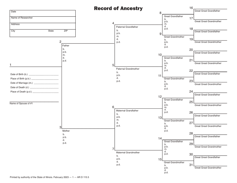 Form AR D115 Record of Ancestry - Illinois