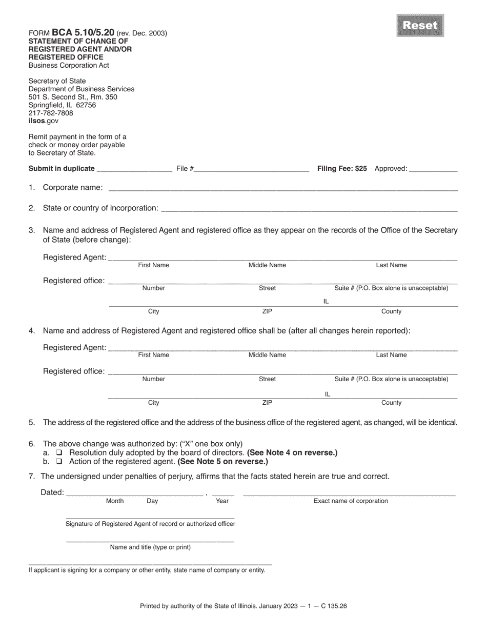 Form BCA5.10 / 5.20 Statement of Change of Registered Agent and / or Registered Office - Illinois, Page 1