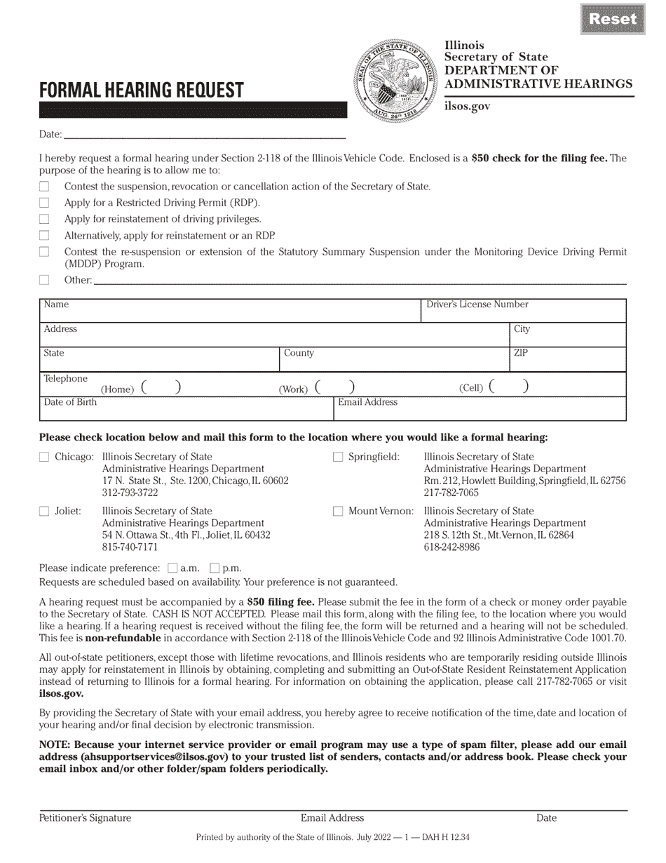 Form DAH H12 Formal Hearing Request - Illinois, Page 1