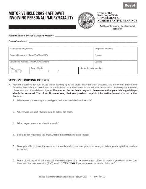 Form DAH(IH17 Motor Vehicle Crash Affidavit Involving Personal Injury/Fatality - Illinois