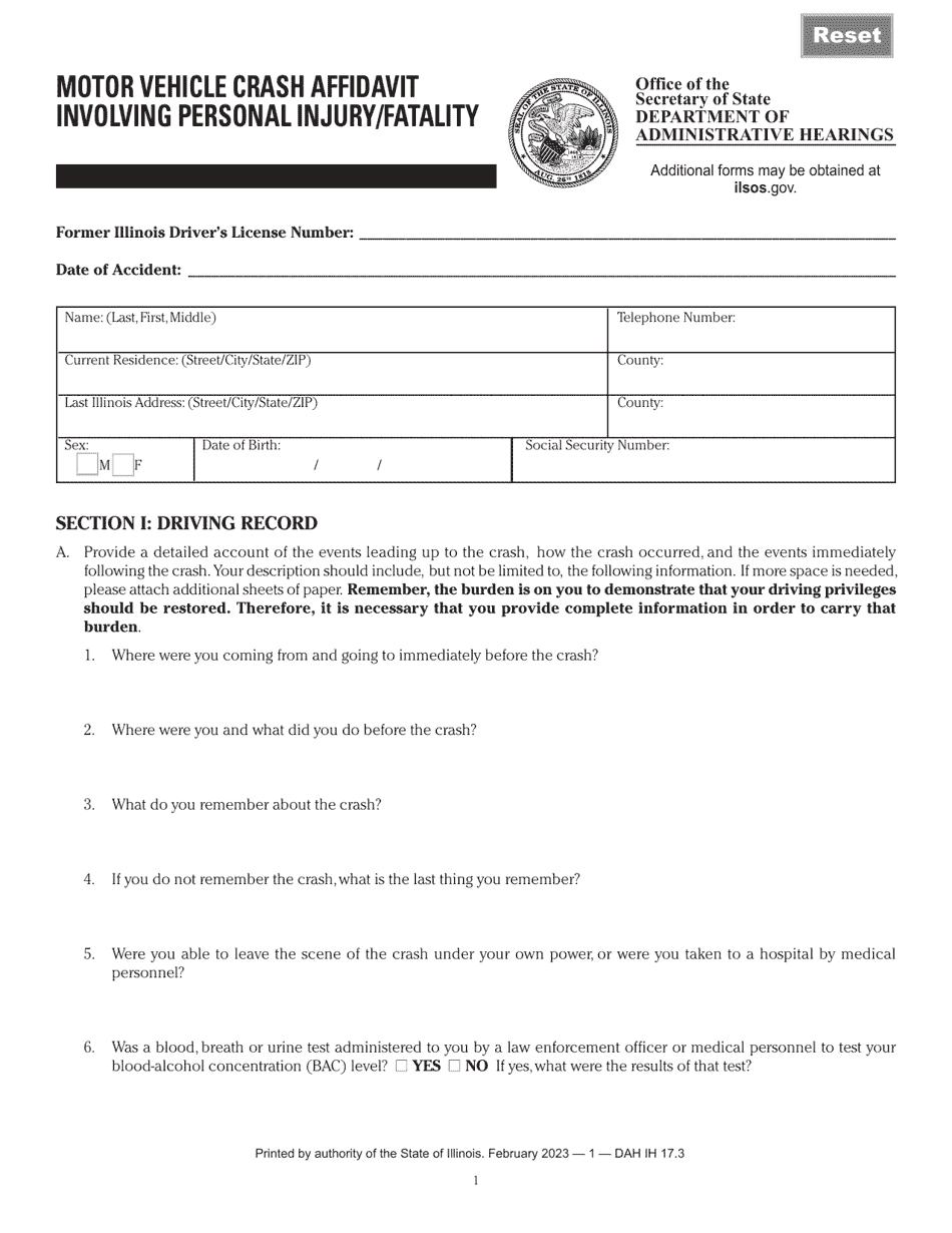 Form DAH(IH17 Motor Vehicle Crash Affidavit Involving Personal Injury / Fatality - Illinois, Page 1