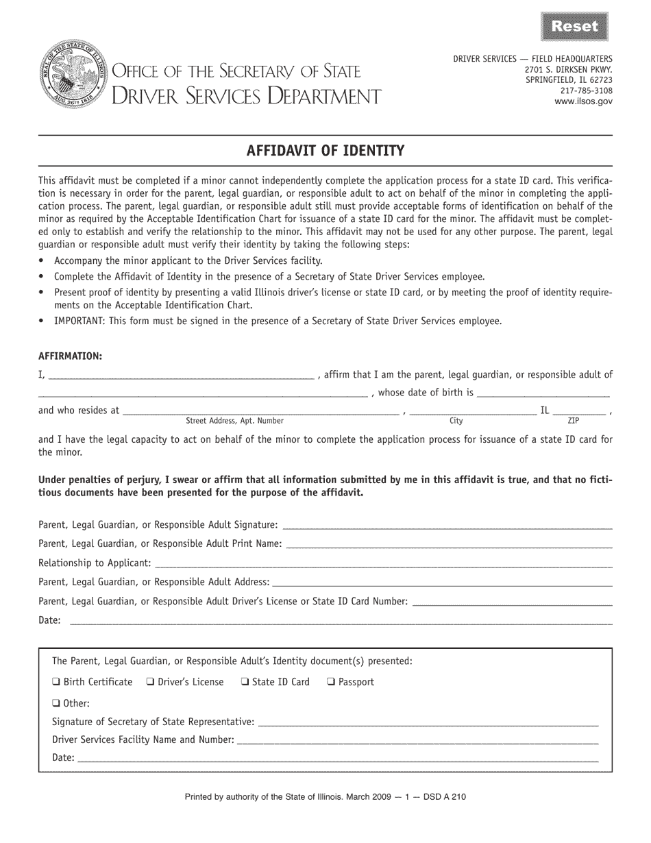 Form DSD A210 Affidavit of Identity - Illinois, Page 1