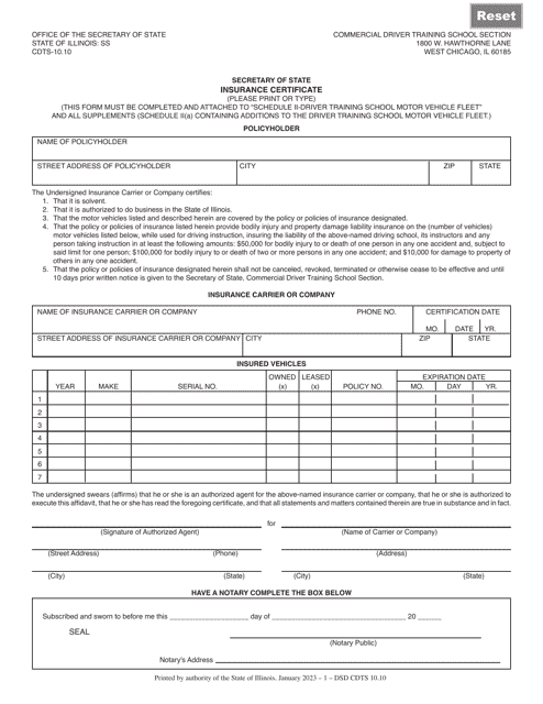 Form DSD CDTS-10 Insurance Certificate - Illinois