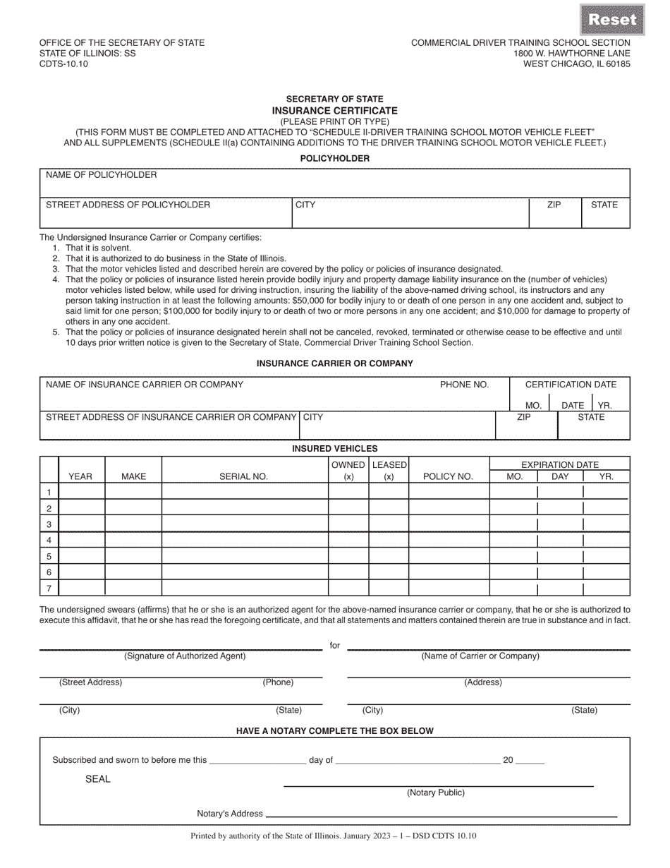 Form DSD CDTS-10 Insurance Certificate - Illinois, Page 1