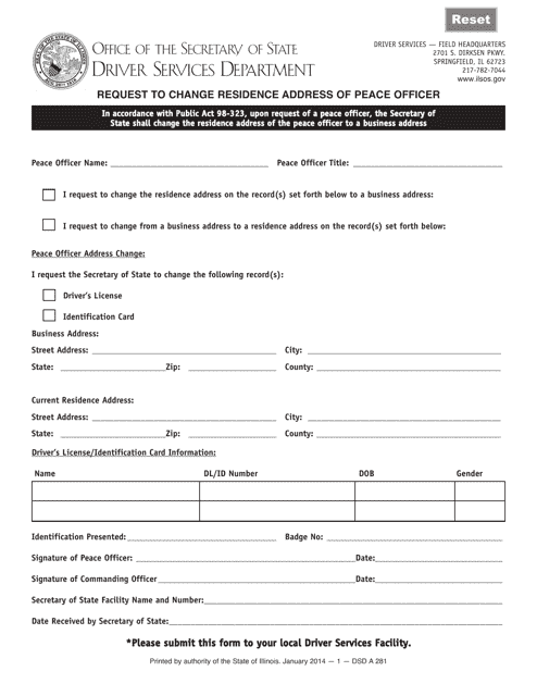 Form DSD A281 Request to Change Residence Address of Peace Officer - Illinois