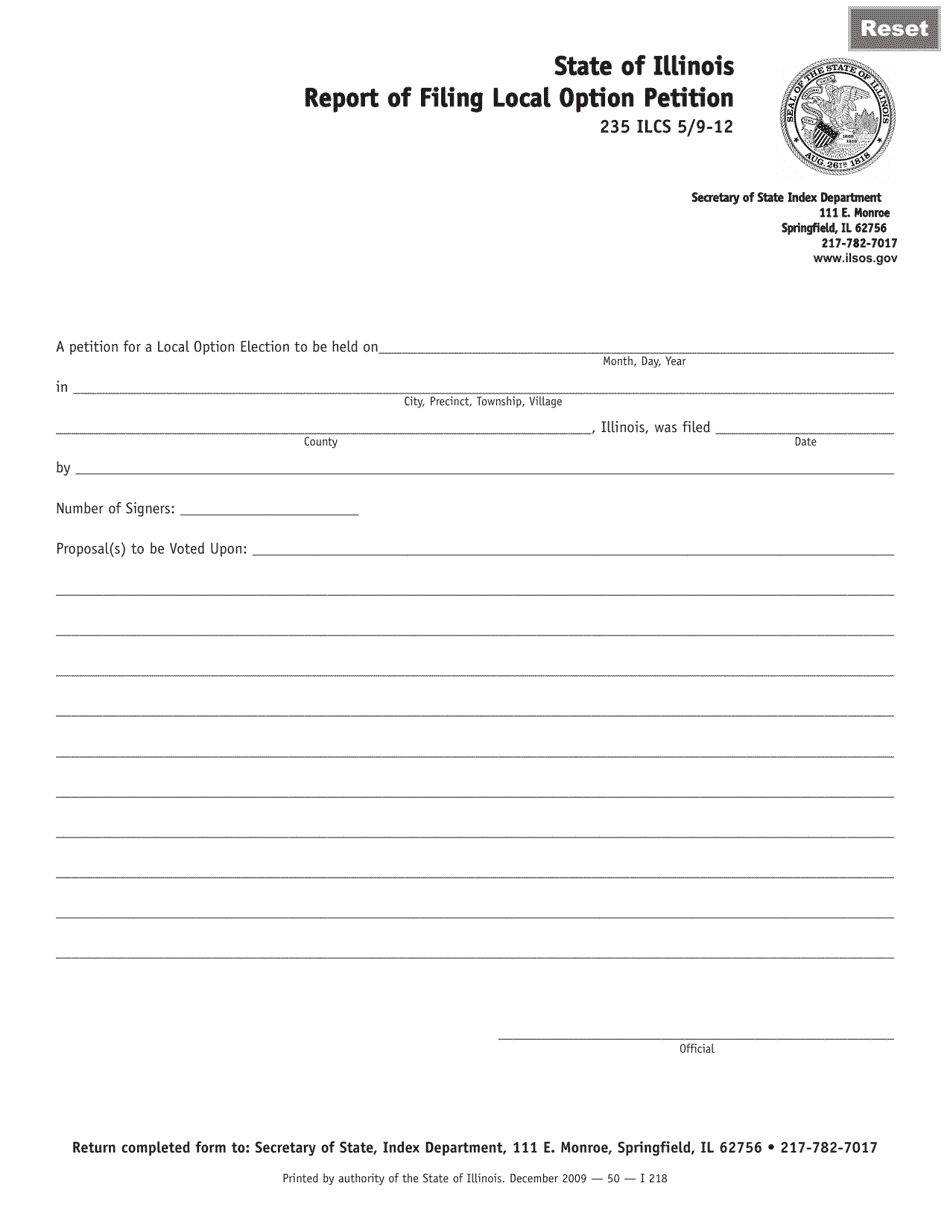 Form I218 Report of Filing Local Option Petition - Illinois, Page 1