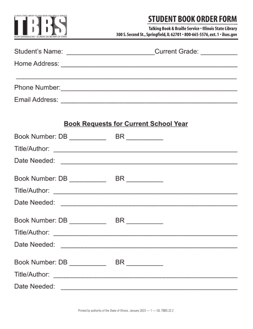 Form ISL TBBS22 Student Book Order Form - Illinois