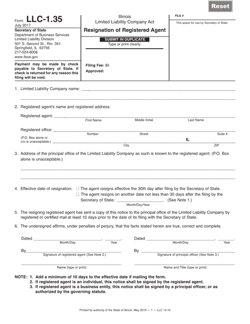 Form LLC-1.35 Resignation of Registered Agent - Illinois