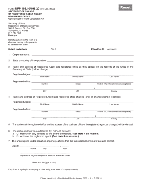 Form NFP105.10/105.20 Statement of Change of Registered Agent and/or Registered Office - Illinois