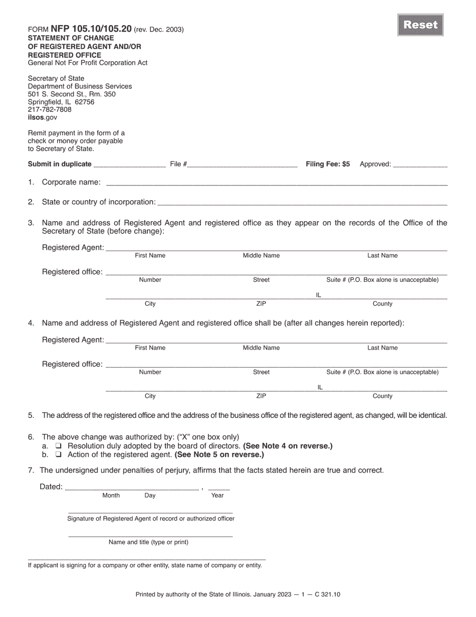Form NFP105.10 / 105.20 Statement of Change of Registered Agent and / or Registered Office - Illinois, Page 1