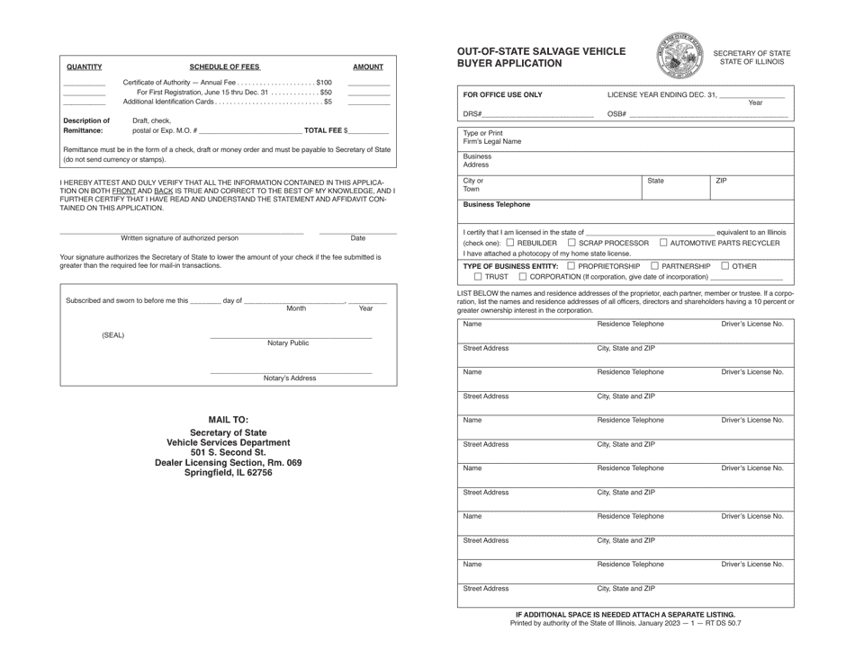 Form RT DS50 Out-of-State Salvage Vehicle Buyer Application - Illinois, Page 1