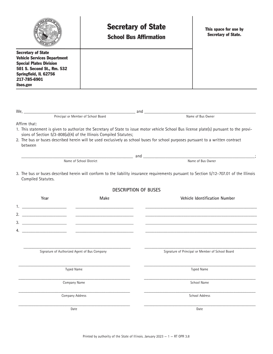 Form RT OPR3 School Bus Affirmation - Illinois, Page 1