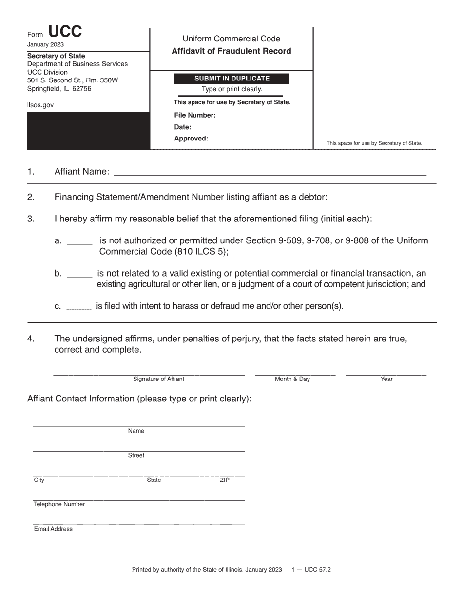 Form UCC57 Affidavit of Fraudulent Record - Illinois, Page 1