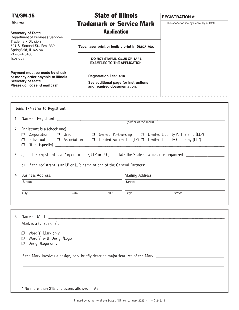 Form TM / SM-15 Trademark or Service Mark Application - Illinois, Page 1