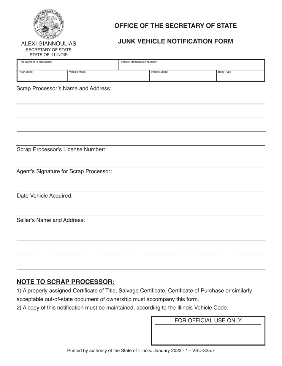 Form VSD325 Junk Vehicle Notification Form - Illinois, Page 1