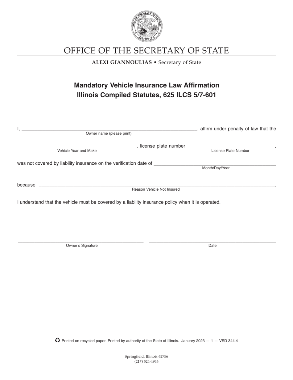 Form VSD344 Mandatory Vehicle Insurance Law Affirmation - Illinois, Page 1